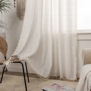 SASIGAYA Gardinen Boho Durchscheinend Verdunkelung Baumwolle Leinen Vorhänge Vintage Bestickte Gardinen Weiß Kariert Landhausstil Quasten Vorhang für Modern Schlafzimmer Wohnzimmer 2 Stück 60×90cm