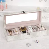 CAZARU Uhrenbox-Organizer Weiß, Uhrenbox mit 6 Fächern, Uhrendisplay, abschließbar, Glasdeckel, Aufbewahrungsbox, PU-Leder für Damen