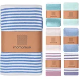 MOMOMUS Fouta XXL oder Picknickdecke XXL für den Strand - Mit Fransen, Gestreift und Leicht - Große Stranddecke, Sandfreie Strandmatte und Faltbare Campingdecke - Blau, 210x240 cm