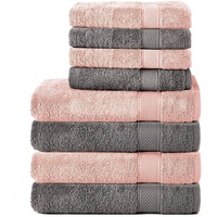 Komfortec 8er Handtuch Set aus 100% Baumwolle, 4 Badetücher 70x140 und 4 Handtücher 50x100 cm, Frottee, Weich, Towel, Groß, Anthrazit Grau/Blütenrosa