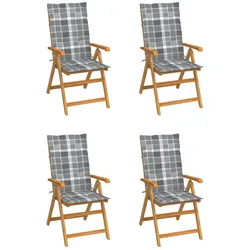 vidaXL Gartenstühle 4 Stk. Graue Karomuster-Kissen Massivholz Teak