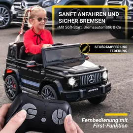 Actionbikes Motors Kinder-Elektroauto Mercedes AMG G63 W463, Bremsautomatik, 3-6 km/h, Soft-Start, LED, Fernbedienung (Schwarz)