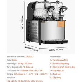 Vevor kommerzielle Slusheis Maschine 3 L x 2 Doppeltank-Maschine für gefrorene Getränke, 24 Tassen Edelstahl Slush-Eis-Maschine Softeis Maker für Partys Restaurants Cafés Barsn Schwarz