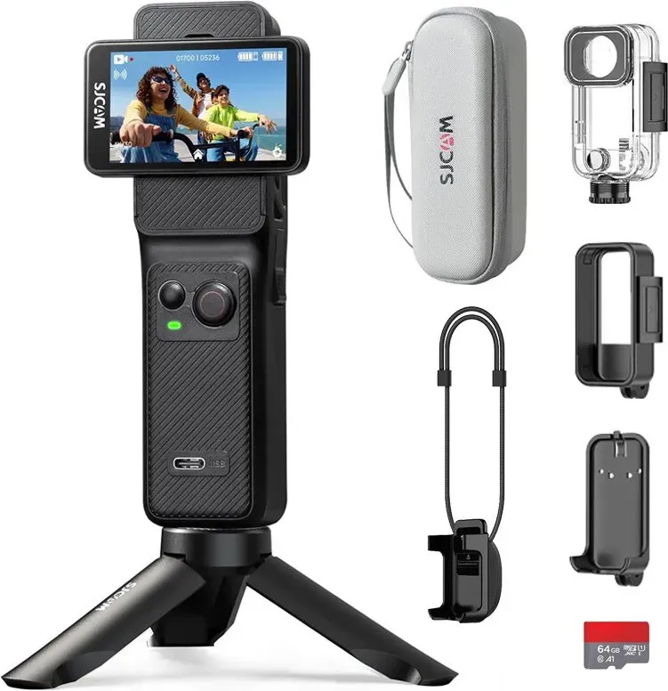SJCAM C400 Actionkamera 4K, 7 Stunden Akkulaufzeit, 6-Achsen-Stabilisierung, Sportkamera mit Dual-Touchscreen, 30 Meter wasserdicht, Vlog-Kamera mit Zubehörset, Schwarz, inklusive 64 GB-Karte