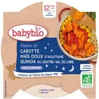 Babybio FONDUE DE CAROTTE MAÏS DOUX D'AQUITAINE QUINOA DU CENTRE-VAL LOIRE À LA CORIANDRE dès 12 mois Aliment 230 g