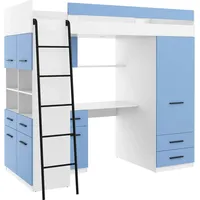 FurnitureByJDM Hochbett mit Schreibtisch, Schubladen, Kleiderschrank und Bücherregal - Level L - (Weiß/Himmelblau)