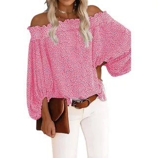 Damen Langarm Bluse schulterfrei Top Shirt Oberteile schulterfrei T-Shirt Pullover lässig langärmelig Bluse Tunika Tops schulterfrei Blusen sexy Oberteile Chiffon Laternenärmel lässiges T-Shirt - L
