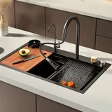 Küchenspüle Schwarz 75 x 45 x 22CM Spülbecken 304 Edelstahl Wasserfall Spüle mit Armatur Spüle Küche 1 Becken Einbauspüle Kitchen Sink inkl Siphon & Über (Black, 68x45x22cm)