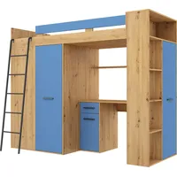 FurnitureByJDM Hochbett mit Schreibtisch, Kleiderschrank und Bücherregal - VERANA L - (Eiche Artisan/Blau)