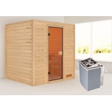 Woodfeeling Karibu Woodfeeling Sauna Adelina - 38 mm Bronzierte Ganzglastür Ohne Dachkranz 9 kW Ofen integr. Steuerung inkl. 8-teiligem gratis Zubehörpaket (Gesamtwert 191,92€)