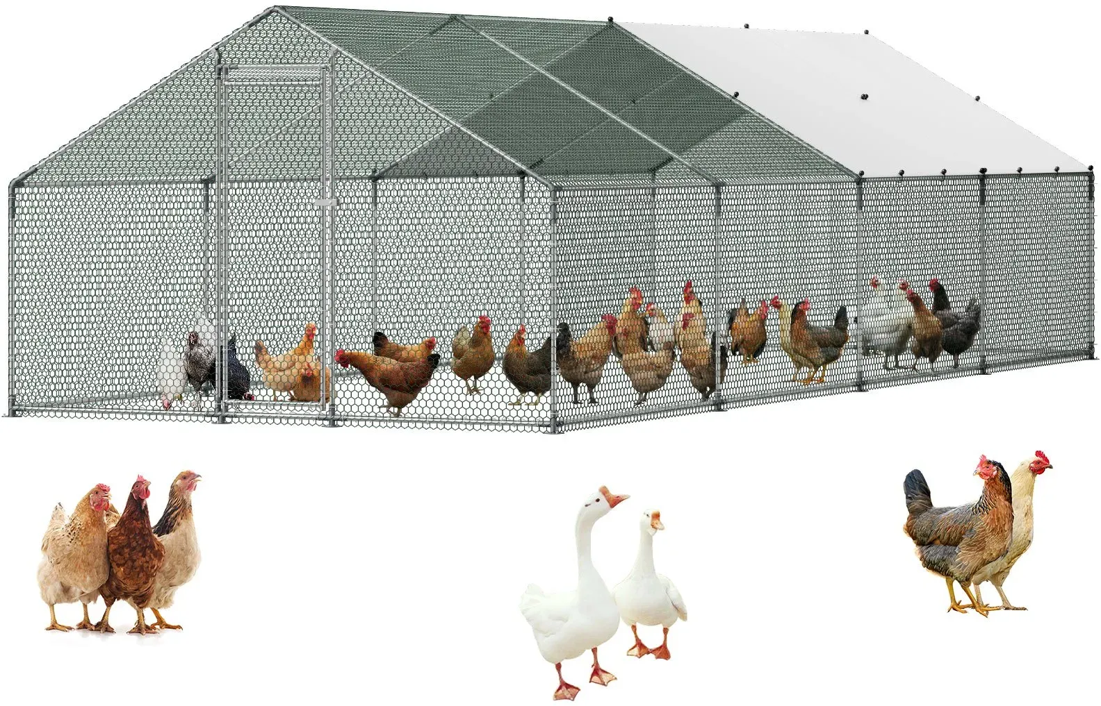 VEVOR Hühnerstall Metall, 3x8x2 m, begehbarer Hühnerauslauf mit Abdeckung, Hühnerauslauf mit Turmdach & Sicherheitsschloss, Enten- & Kaninchenkäfig, Geflügelgehege für Hinterhof, Bauernhof, Hof