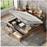Ulife Metallbett Hydraulikbett Jugendbett Doppelbett mit Stauraum-Kopfteil (Ohne Matratze), mit 2 Schubladen, 140 x 200 cm beige|schwarz