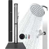 Solardusche 60 l & Bodenelement Anthrazit mit Handbrause & Thermometer bis zu 60°C Pooldusche runder Duschkopf Snap-In Technologie Inkl. Abdeckhaube