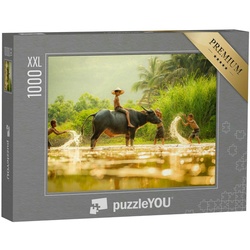 puzzleYOU Puzzle Puzzle 1000 Teile XXL „Wasserspiele - Jungen und Wasserbüffel in Asien, 1000 Puzzleteile, puzzleYOU-Kollektionen Kambodscha