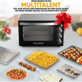 STILLSTERN Minibackofen mit Umluft (60L) NEU: CYCLONE PRO+ (Antihaftbeschichtung), DE Version, Airfryer-Einsatz, Rezeptheft, Drehspieß, 2200W Toaster Grill Pizzaofen Mini Backofen auch für Camping