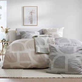 Bugatti Bettwäsche 155x220 cm - 100% Baumwolle, Reißverschluss, anschmiegsam, weich & waschbar, Satinbettwäsche beige grafisches Muster