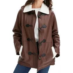 nachhaltige Damen Lederimitat-Jacke hochwertige Jacke mit Kunstfell-Kragen 950444 Braun - 40