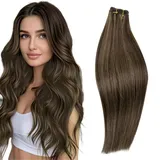 RUNATURE Echthaar Tressen Zum Einnähen Braun Highlights 40cm Tressen Echthaar Dunkelbraun mit Aschbraun Extensions 100g Tressen Extensions Echthaar Remy Menschliches Haar #2P8A