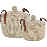 Set/ 2Handgearbeiteter Seegras Dekokorb mit Deckel zur Aufbewahrung Flechtkorb Korb Natur mit weißen Wicklungen Rund (Hell Natur, Set/2 Rund mit Deckel (Ø37 / Ø30cm))