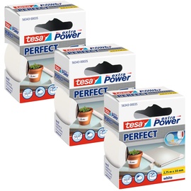 Tesa extra Power Perfect Gewebeband im 3er Pack - Gewebeverstärktes Ductape zum Basteln, Reparieren, Befestigen, Verstärken und Beschriften - Weiß (L x B) 2.75 m 3 St.