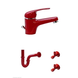 Waschtisch Bad Wasserhahn Armatur Siphon 2 Eckventile Rot