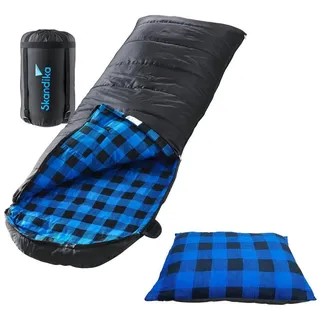 Skandika Deckenschlafsack Luxus-Qualität, Baumwolle/Flanell Innenfutter, bis -20°C, - 220 x 80 cm schwarz RV Links + Sleepyhead-Kissen (blau))