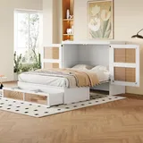 Sweiko Schrankbett 140 x 200 cm, Wandbett mit Lattenrost, Wandklappbett, vertikales schrankbett mit Lattenrost, mit Stauraumschubladen, Rattan-Desi... - Weiß