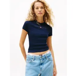 Tommy Jeans für Damen. DW0DW21422 Schmal geschnittenes T-Shirt mit linearem marineblauem Logo (L), Lässig, Baumwolle, Kurzarm