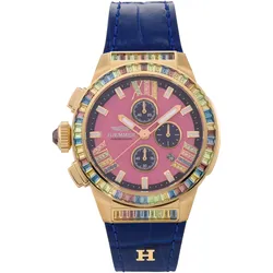 Chronograph HAEMMER GERMANY "GLORIOUS", blau, Armbanduhren, Damen, Quarzuhr, Damenuhr, Datum, Stoppfunktion, Saphirglas, Lederarmband