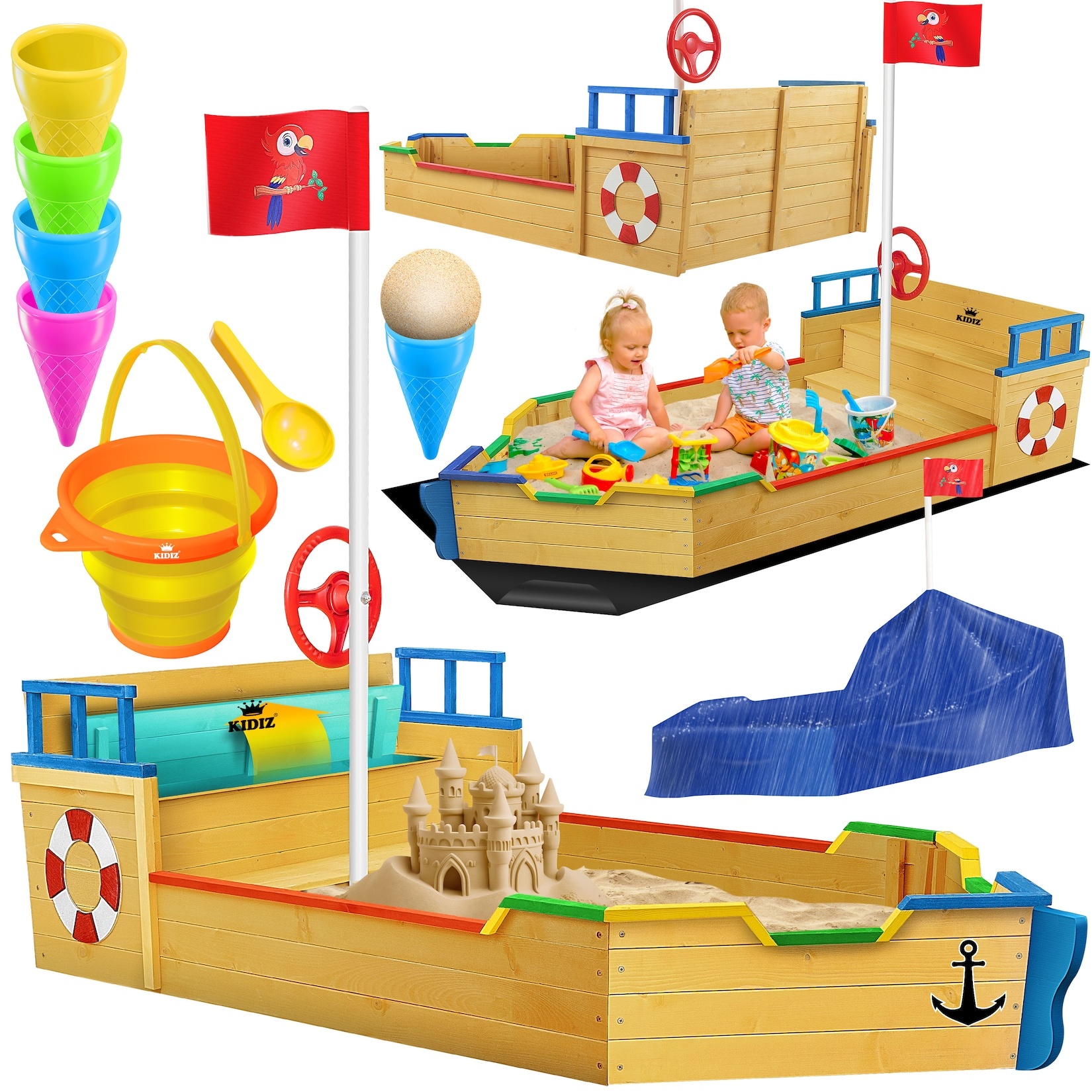 KIDIZ® Sandkasten Ahoi - Piratenschiff Boot Segelschiff aus Holz Inkl. Abdeckung, Bodenplane, Sitzbank, Flaggenmast, Sandspielzeug    Große Kinder Sandkiste für den Garten   Outdoor Sandbox