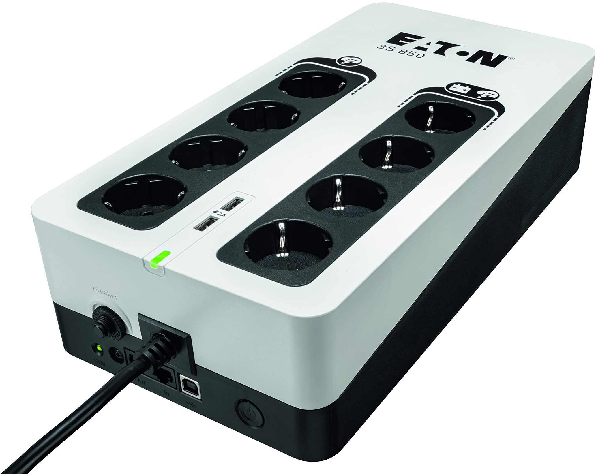 Eaton 3S 850 DIN - 3S850D - Unterbrechungsfreie Stromversorgung (USV) - 850 VA mit Überspannungsschutz (8 DIN Ausgänge, Überspannungsschutz, 2 USB-Typ-A-Ladeanschlüsse) - Weiß & Schwarz