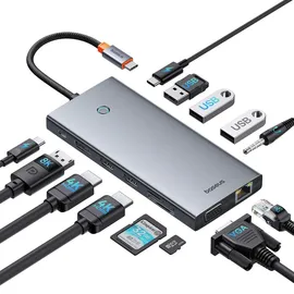 Baseus HUB PortalJoy Series 13in1 USB-C - 2x HDMI / DP / VGA / USB-A 3.1 / USB-C 3.1 / USB-A 2.0 / P (USB-C, 13 Ports), Dockingstation / USB Hub, Grau