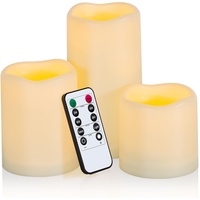 Ulanox LED Flammenlose Kerzen Batteriebetrieben, Elektrische Kerzen mit Timerfunktion& Fernbedienung, 3er Set Elfenbein Flackernde Kerzen für Weihnachten, Hochzeit, Outdoor, Party