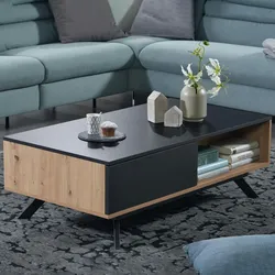 Kadima Design Moderner Couchtisch mit Stauraum, Eiche-Dekor und Schwarz, robust und wasserabweisend. 110x60x38 cm