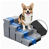Snuffilo 3-in-1 Hundetreppe, klappbar mit Stauraum und Rampenfunktion – 4 Stufen Hundetreppe für Kleine Hunde und Katzen | Gelenkschonende Hunde Treppen für Bett & Sofa | Bis 36 kg | Grau