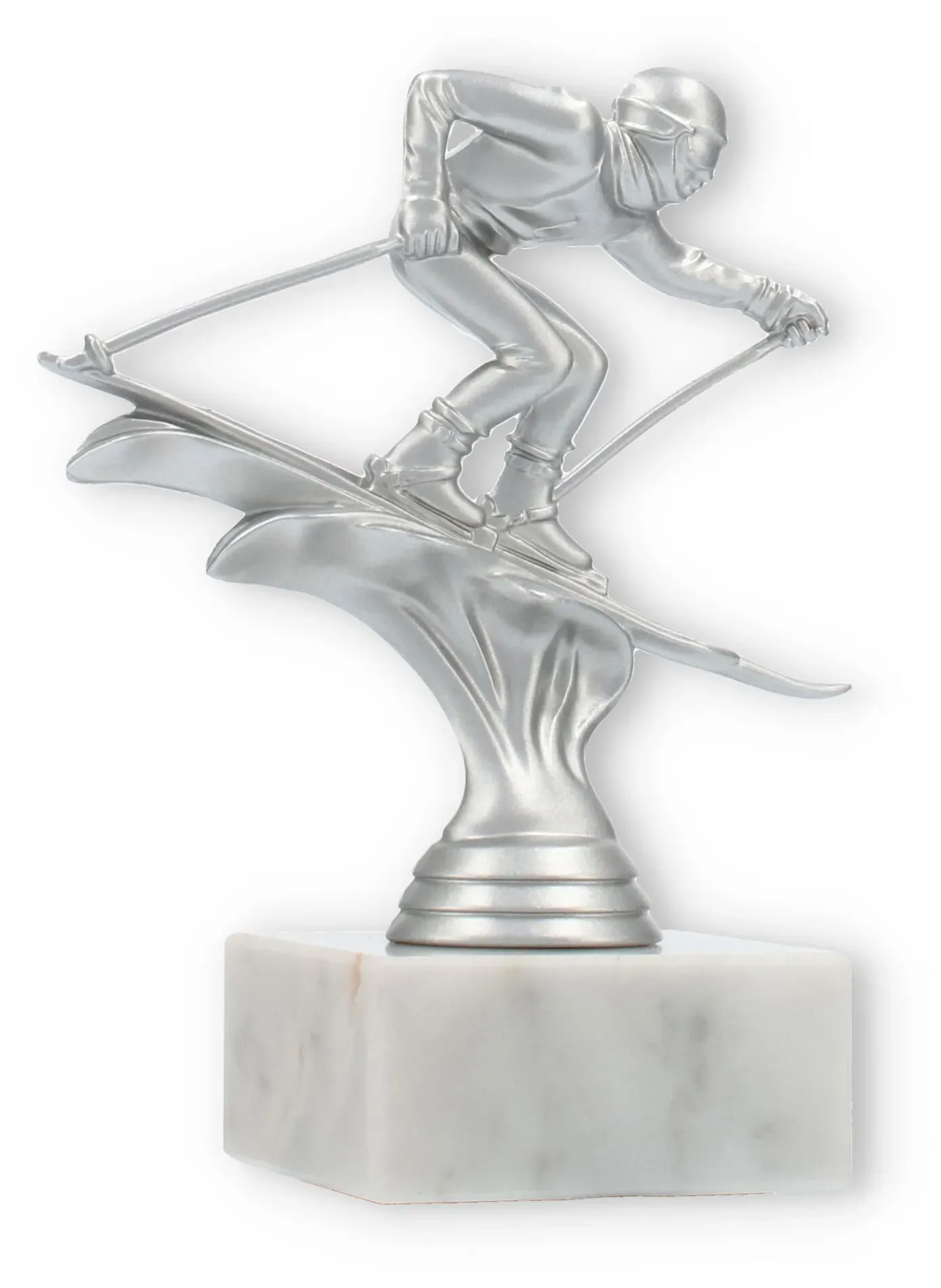 Pokal Kunststofffigur Ski Abfahrt silbermetallic auf weißem Marmorsockel 14,6cm