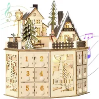 Adventskalender aus Holz, Weihnachtsvorderkalender mit Musik, LED-Beleuchtung, Musik, Adventskalender mit 24 Schubladen, beleuchteter Weihnachtskalender (A)