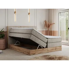 MKS Meble King Boxspringbett 180x200 mit Bettkasten Eiche, Polsterbett 180x200 mit Matratze H3, Bett 180x200 mit Kopfteil, Bett mit Holzrahmen in W... - Beige