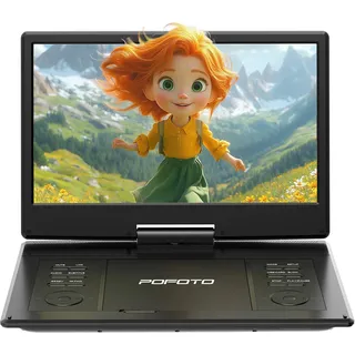 POFOTO 15,7" Tragbarer DVD-Player mit 14,1" HD-Schwenkdisplay, 6h Akkulaufzeit, Zonenfrei, Unterstützt Mehrere Formate/SD/USB, TV/Beamer-Anschluss, Stereo-Lautsprecher, Speicherfunktion, Schwarz
