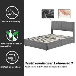 AUTOLOCK Polsterbett Doppelbett 140 x 200 cm, mit Schubladen Lattenrost Rückenlehne, Leinenbett mit Außenverteidigern auf beiden Seiten des Kopfteils - Grau
