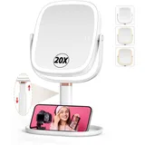 Mocado Kosmetikspiegel mit Beleuchtung, 1X/20X Vergrößerungsspiegel mit Licht, Wiederaufladbar 360 Grad Spiegel mit Höhenverstellung, 3 Farben Beleuchtung & Touchscreen, 21.4cm(Weiß)