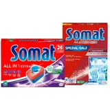 SOMAT Tabs 26 AW all in 1 Extra, Geschirrspül Tabs für strahlende Sauberkeit, bekämpfen selbst eingetrocknete Rückstände + Somat Duo Power Experten Spezial-Salz 1,2kg