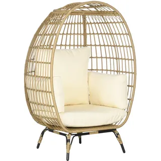 Outsunny Rattansessel in Korbform, Rattanstuhl mit Sitzkissen Gartensessel für Balkon, Terrasse, Metall, Khaki, 105 x x cm