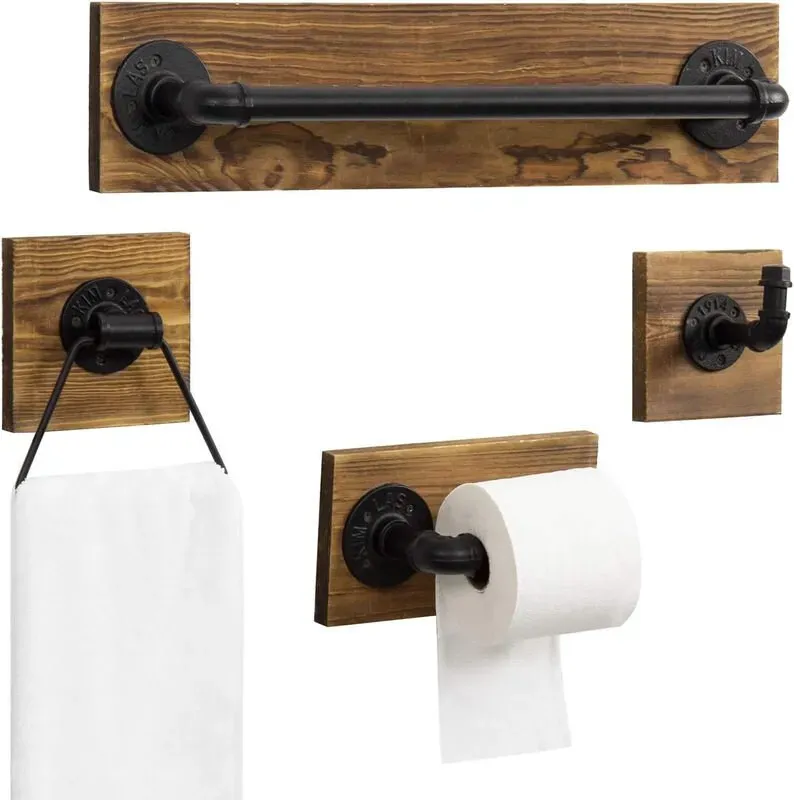 MyGift 4-teiliges Badezimmer-Hardware-Set mit verbranntem Holz und industriellem Mattschwarz-Metallrohr, inklusive Toilettenpapierhalter, Handtuchring, Handtuchstange und Bademantelhaken