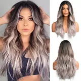 OUFEI Lange Gewellt Ombre Schwarz Grau Perücken für Frauen Natürliche Synthetische Haare Hitzebeständig Perücken für Tägliche Party Cosplay Tragen