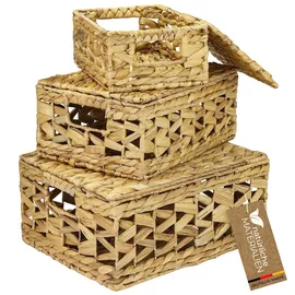 HMF Aufbewahrungskorb mit Deckel 3er-Set geflochten aus Wasserhyazinthe  Klein, Mittel, Groß  beige