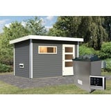 KARIBU Gartensauna Pultdach Saunahaus Skrollan 1 mit Vorraum terragrau Moderne Saunatür (Klarglas) 9 kW Ofen inkl. Steuergerät inkl. 8-teiligem gratis Zubehörpaket (Gesamtwert 191,92€)