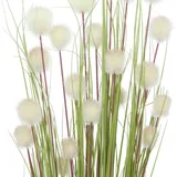 Dekoleidenschaft 4er Set Dekobündel Blütenkugel 105 cm hoch, Kunstgras mit weißen Blüten, Gräserbündel, Ziergras, künstliche Zweige, Dekopflanze, Kunstpflanze, Kunstzweige, Gras für Wohnzimmer, Flur, Bad