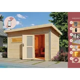 Karibu Saunahaus Außensauna Gartensauna Außensauna JOOST 3 natur 38mm Wandstärke 396 x 231 cm großes Sparset mit Ofen und Steuergerät