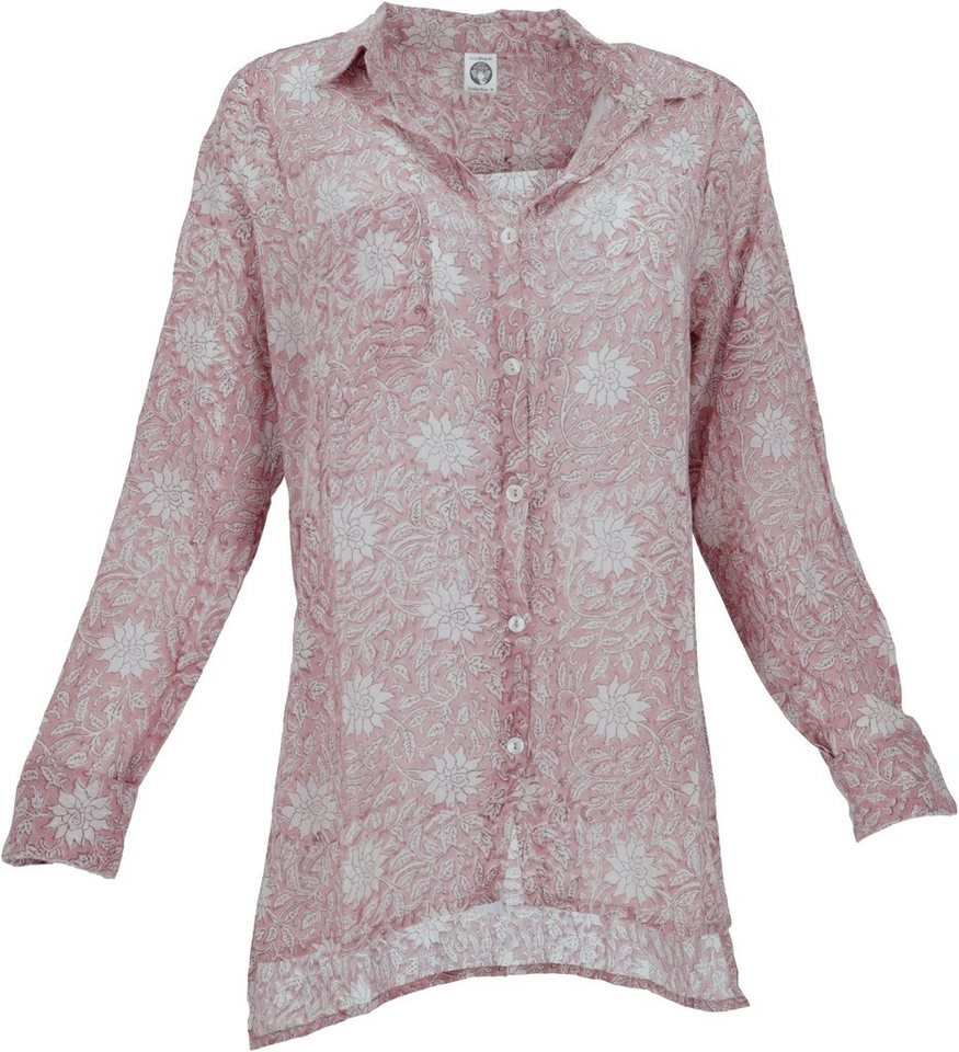 Guru-Shop Longbluse Handbedrucktes Boho Langarmhemd, luftiges.. alternative Bekleidung rosa S